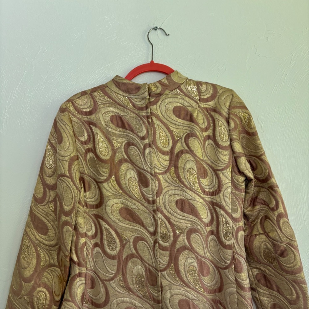 Vintage ILGWU Gold Brocade Dress Size 12 Fits Small Medium Faux Fur Trim Mod 60s - Picture 5 of 14